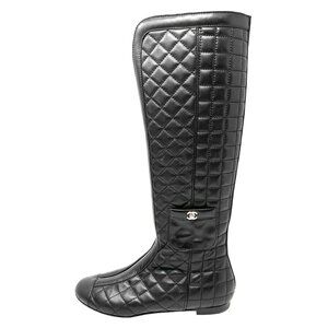 Chanel Quilted Leather Knee‑High Flat Boots G27481 Black EU 38